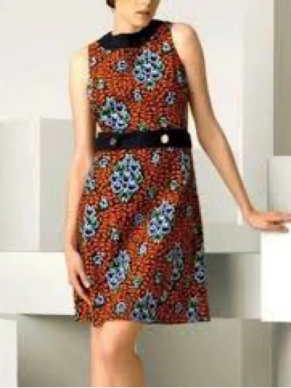 Tory Burch Rust Floral Sleeveless Mini Dress with Navy Trim 1122